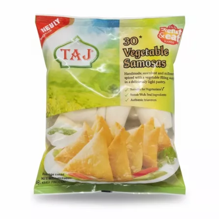 Pack of Taj Vegetable Samosas showing golden crispy samosas on front
