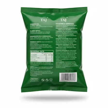 Back of Taj Vegetable Samosas pack with ingredients and nutritional facts