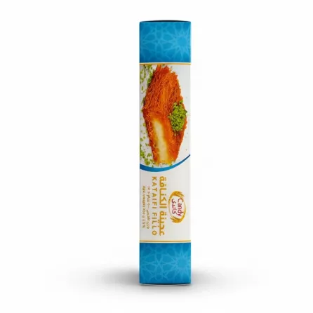 Side view of Candy Kataifi Fillo box showing cooked kataifi dessert image