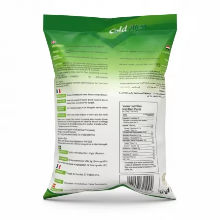 Cold Alex Frozen Artichoke Bottoms packaging back view with nutrition facts
