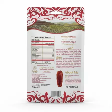 Back pack of Leen Premium Dates Mabroom with nutrition facts and product details
