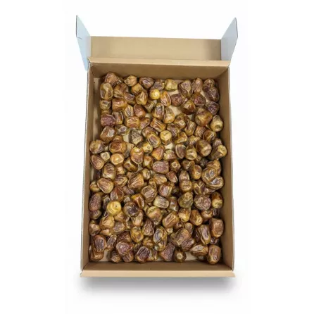 Open box showing natural golden brown Sukkari dates