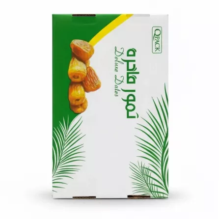 Closed green and white Qpack branded box for deluxe dates