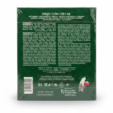 Back of Ahmad Tea English Breakfast Tea box showing ingredients and certifications