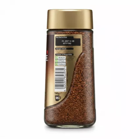 Back view of Nescafé Gold Blend jar showing barcode and storage details