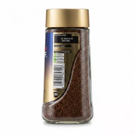 Back label with barcode and storage instructions on Nescafé Gold Blend Decaf jar