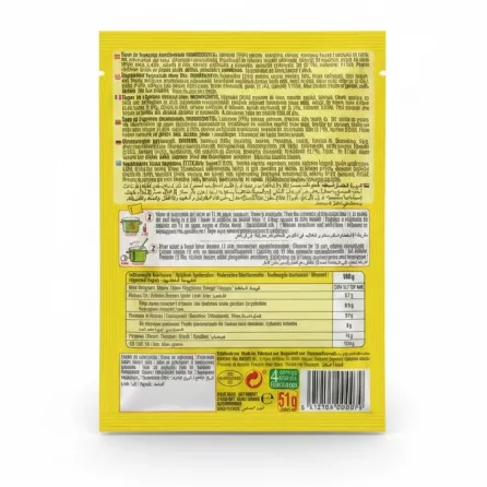 CalNort Vegetable Soup Mix back packaging with ingredients and nutritional facts