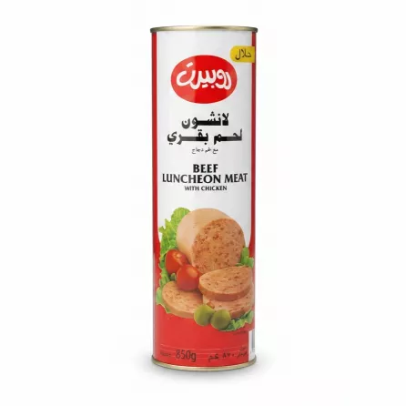Robert Beef Luncheon Meat with Chicken can side view showing Arabic and English text