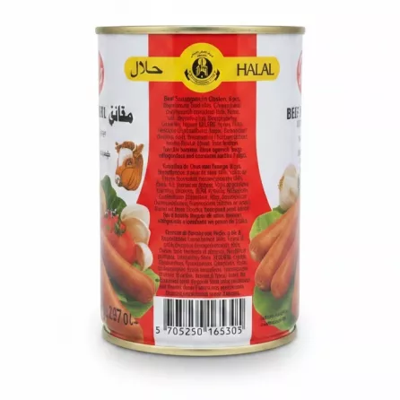 Back label of Robert Halal beef sausages can showing ingredients and barcode
