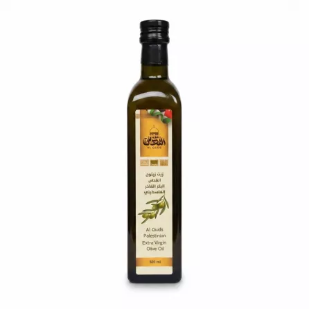 Bottle of Al Quds Palestinian Extra Virgin Olive Oil 500ml front label