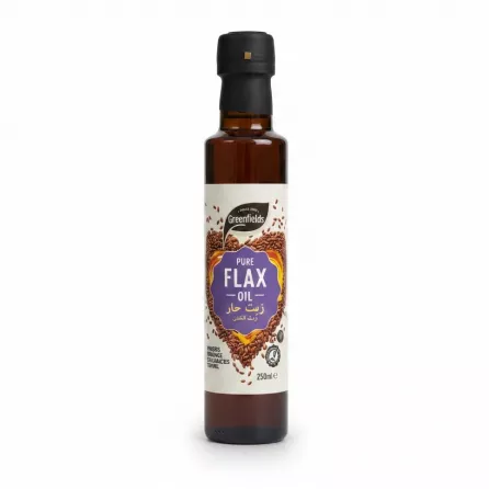 Bottle of Greenfields Pure Flax Oil with labelled front showing flax seeds illustration