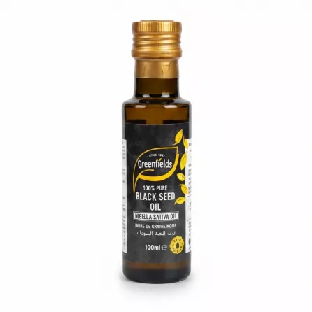 Greenfields black seed oil 100ml bottle with gold cap