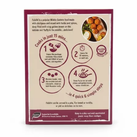 Greenfields falafel mix box rear view showing cooking instructions and gluten free label