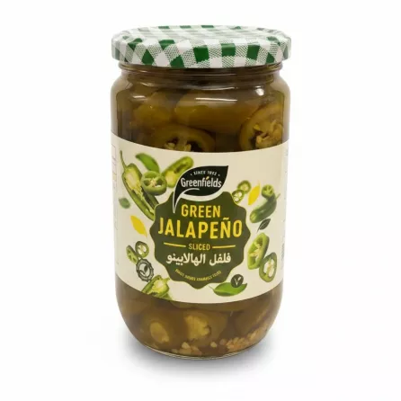 Jar of Greenfields sliced green jalapeños with green checkered lid
