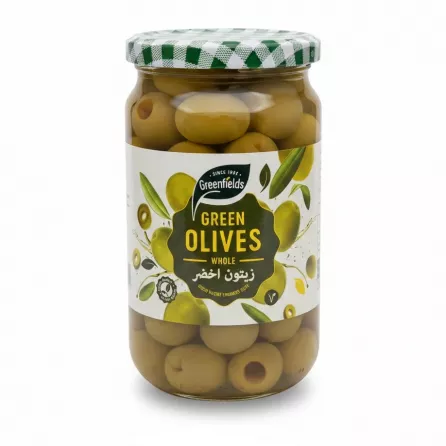 Jar of Greenfields whole green olives with green checkered lid