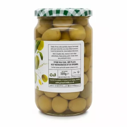 Back label of Greenfields olives jar showing product info and storage instructions