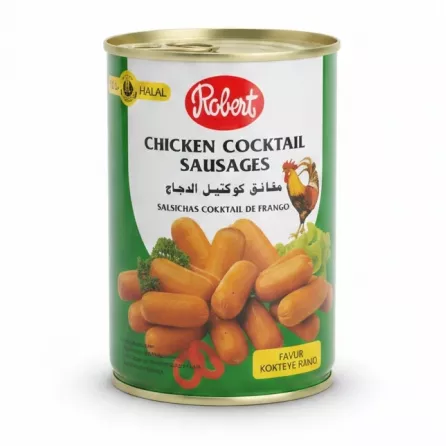 Can of Robert Chicken Cocktail Sausages with halal label