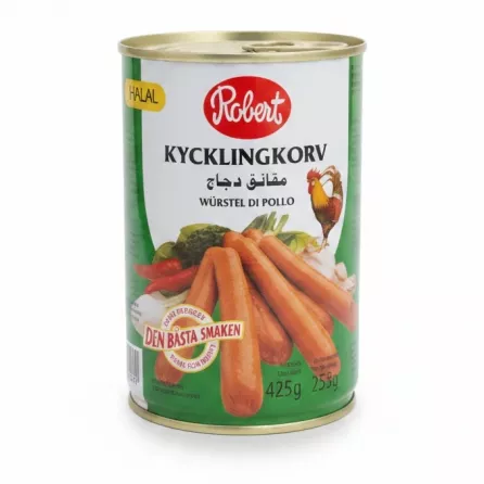 Can of Robert Halal Chicken Sausages with halal logo