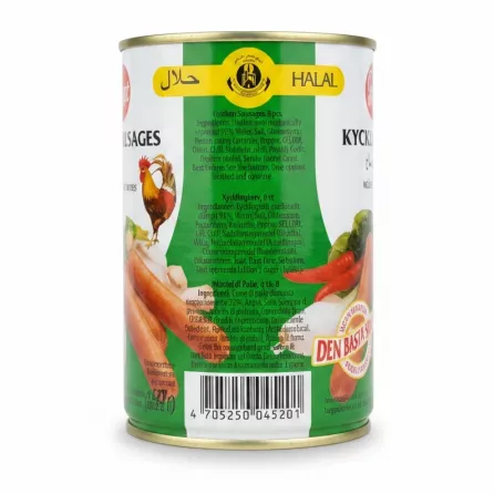 Barcode and halal certification on can of Robert Chicken Sausages