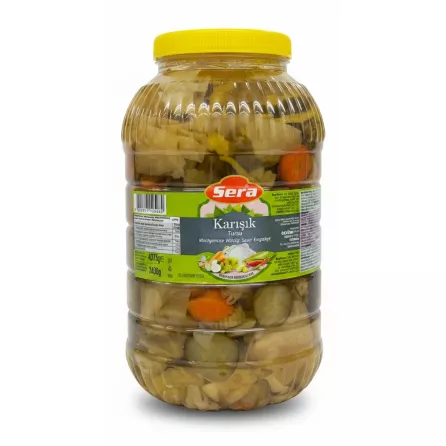 Jar of Sera brand mixed pickled vegetables with yellow cap
