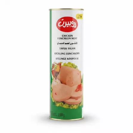 Tin of Rubin chicken luncheon meat with images of sliced meat and a rooster illustration