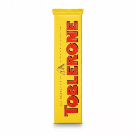 Toblerone milk chocolate bar with honey and almond nougat packaging front view