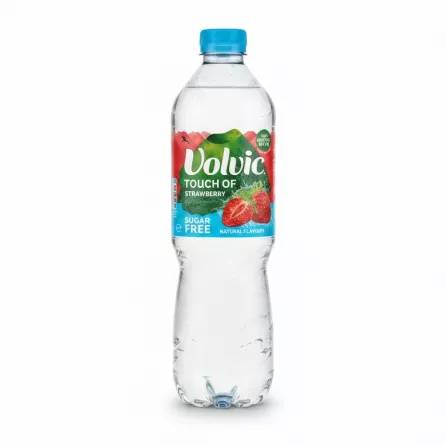 Bottle of Volvic Touch of Strawberry flavoured mineral water front view