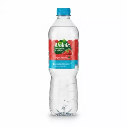 Volvic Touch of Strawberry flavoured mineral water bottle with label showing natural flavour details
