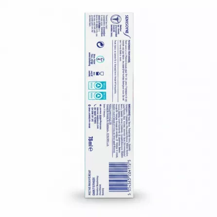 Back of Sensodyne Advanced White toothpaste box with ingredients and instructions