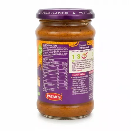 Back view of Patak's Korma Spice Paste jar showing usage instructions and allergy advice