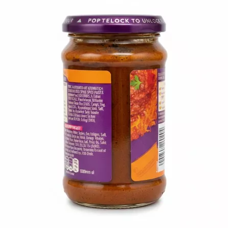 Back label of Patak's Tikka Masala Spice Paste jar showing ingredients and barcode