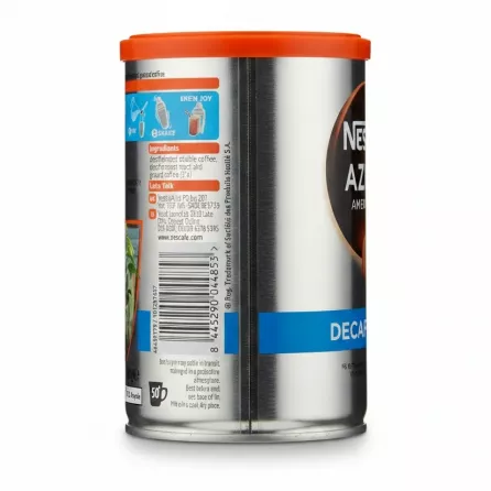 Side view of Nescafé Azera Decaf Americano tin with barcode and ingredients