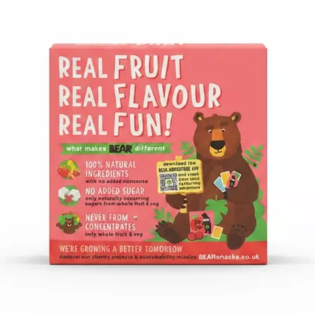 Back of Bear Strawberry Fruit Yo-Yos box showing natural ingredients and no added sugar