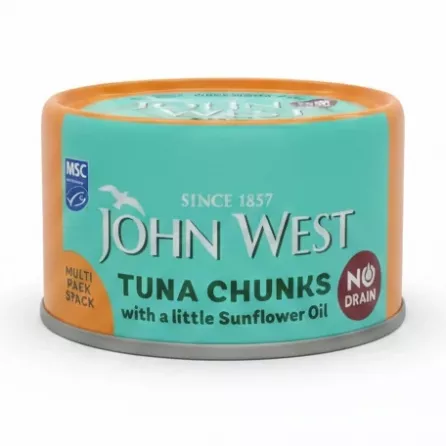 Side view of John West Tuna Chunks tin showing brand and description