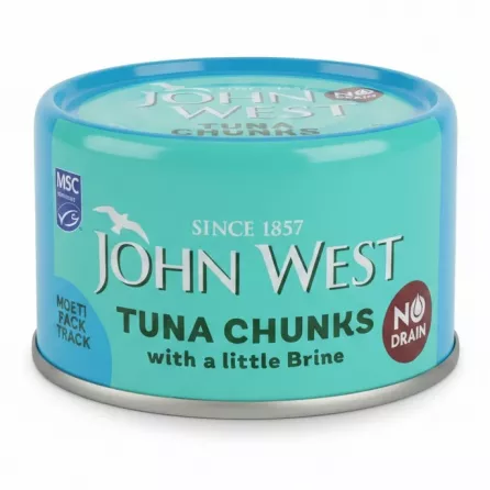 John West Tuna Chunks side view showing label and no drain feature