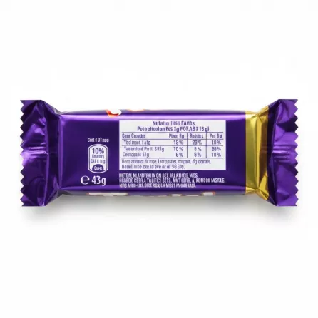Back view of Cadbury Twirl chocolate bar showing nutritional details