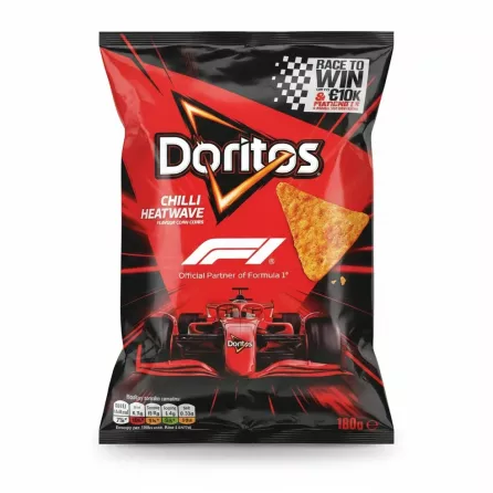 Doritos Chilli Heatwave flavour corn chips red and black packet with Formula 1 branding