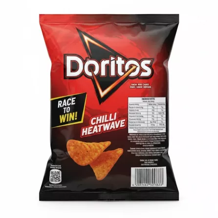 Back of Doritos Chilli Heatwave packet showing nutritional info and ingredients