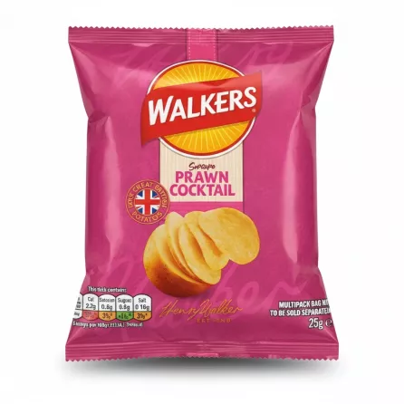 Walkers Prawn Cocktail Crisps 25g front pack showing logo and crisps