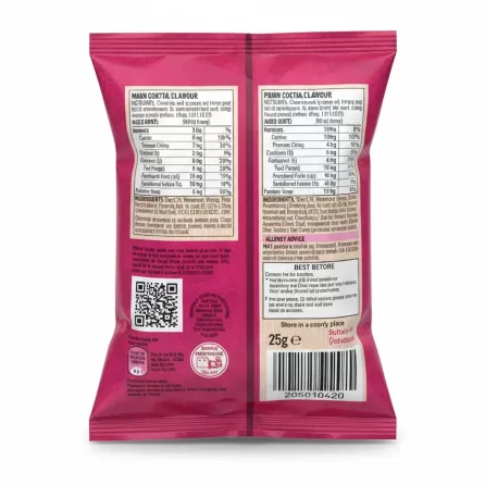 Walkers Prawn Cocktail Crisps 25g back pack displaying ingredients and nutritional information