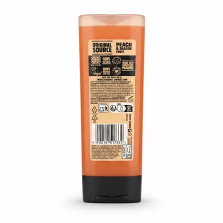 Original Source Juicy Peach & Dragon Fruit Shower Gel back bottle with label and barcode
