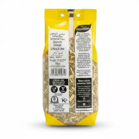 Back of Greenfields lemongrass pack showing ingredients and storage info