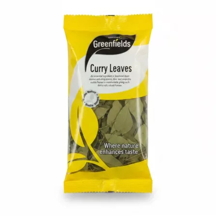 Pack of Greenfields Curry Leaves with yellow and white packaging on table