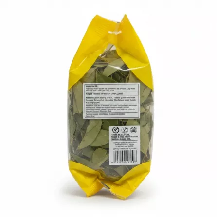 Back of pack showing ingredients, storage info, and barcode of Greenfields Curry Leaves