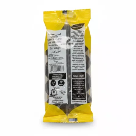 Back view of Greenfields dried black lime packet showing ingredients and usage