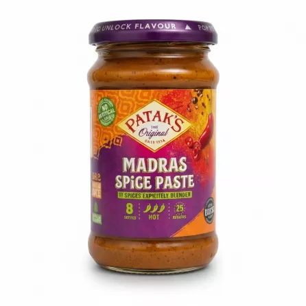 Jar of Patak's Madras Spice Paste with purple lid and vibrant label
