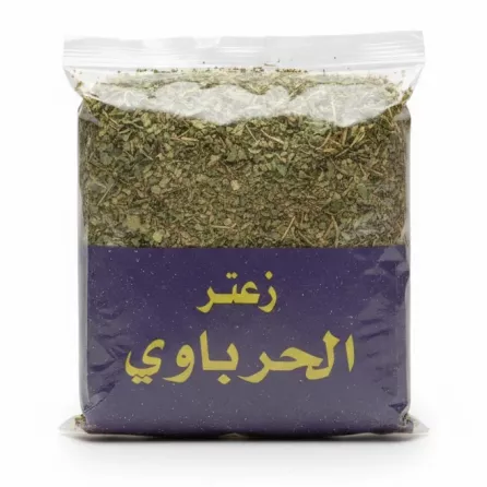Back view of sealed pack showing dried za'atar herb inside