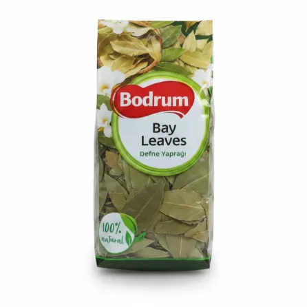 Bodrum brand package of dried bay leaves showing front label and whole leaves