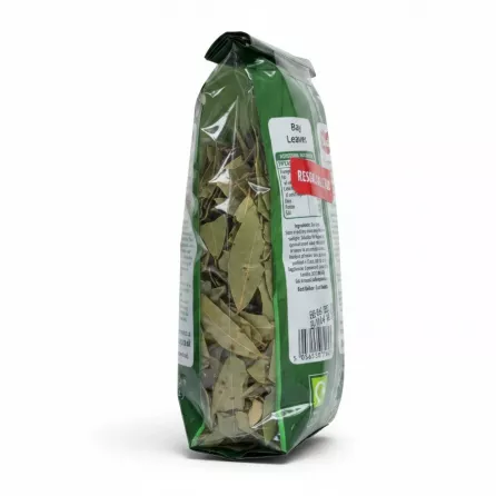 Back of the Bodrum bay leaves pack displaying ingredients, nutritional information, barcode, and resealable tab