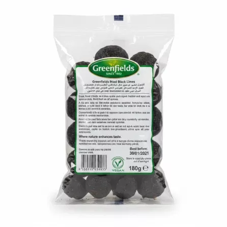 Back of the Greenfields dried black lime pack with product info and barcode